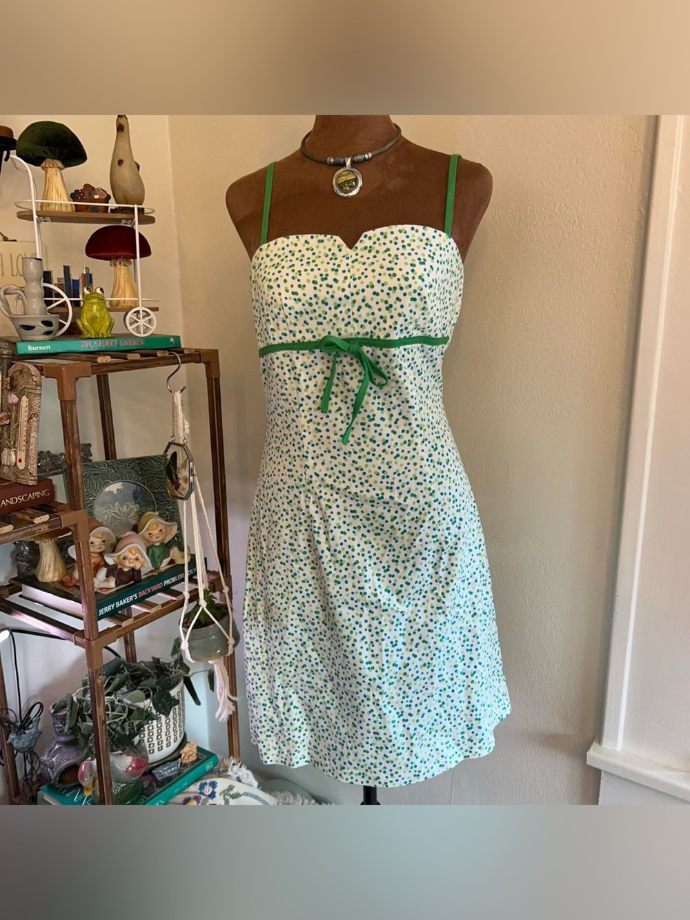 Vintage Y2K Green, Blue + White Polka Dot Mini Dress w Center Bow by Aqua Blues